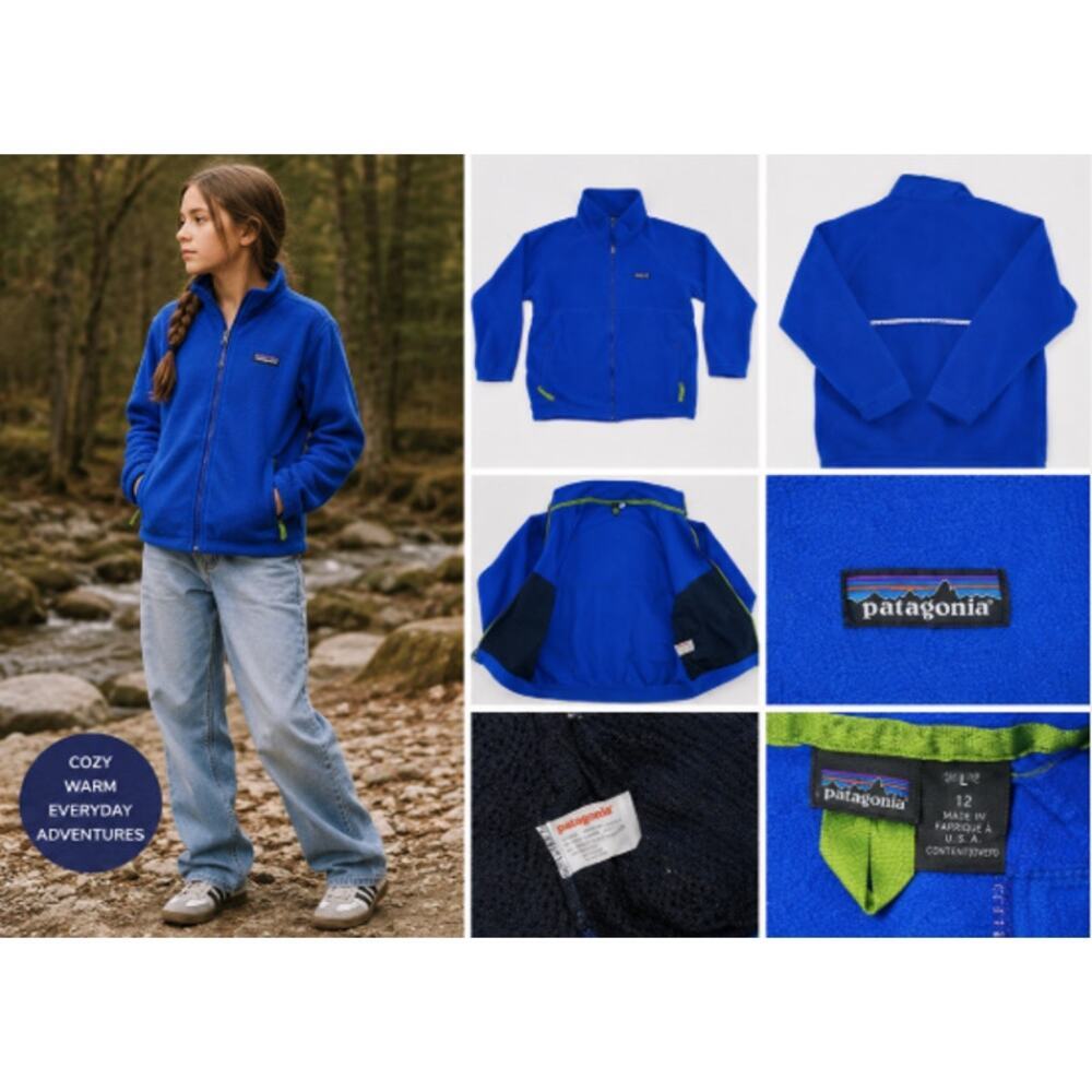 Patagonia Kids L Synchilla Fleece Jacket Blue Full Zip Boys Girls 12 USA Made